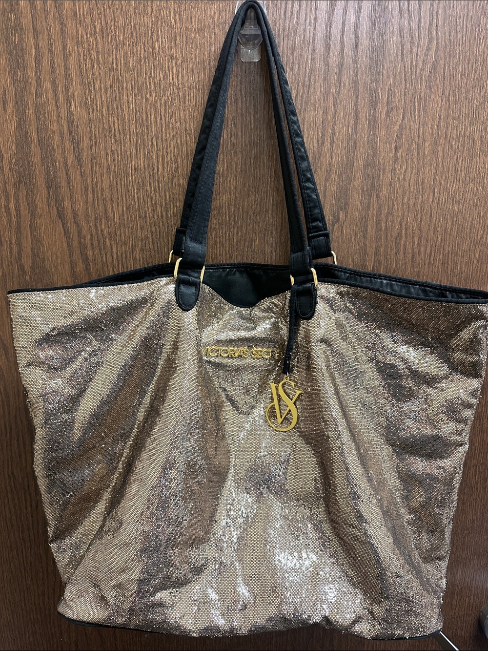 Victoria's Secret Gold Sequin Tote with Black Straps